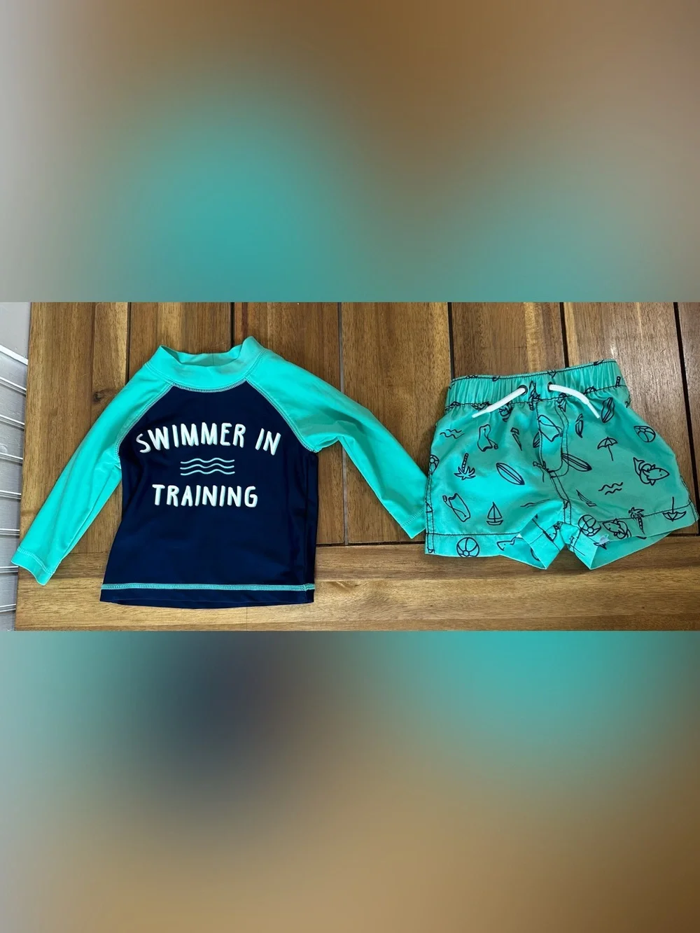 Carter's Navy & Teal 'Swimmer in Training' Rash Guard with Swim Shorts size 3m